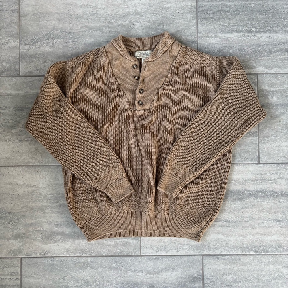 Cabela's Tan Crewneck Sweater for Men XL quarter button mock Fisherman Gorpcore‎